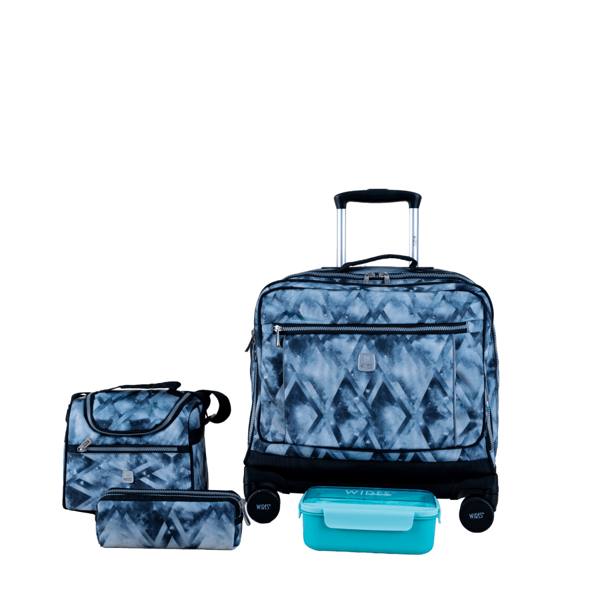 Black Delta 8 Wheels School Bag Trolley Set of 4(Lunch Bag & Pencil Case)+Lunch Box - MOON - Back 2 School - Wires
